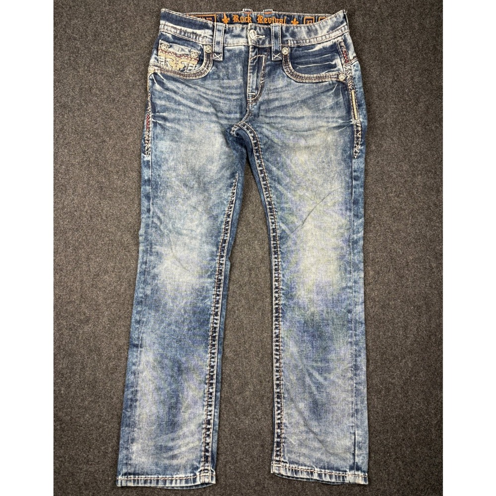 Rock Revival Geras Straight Leg Jeans Blue Distressed Mens 32 Acid Wash 32x30